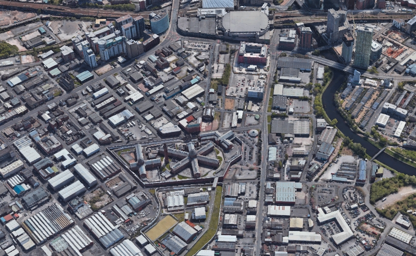 Bird's eye view of the Strangeways and Cambridge regeneration area, including HMP Manchester